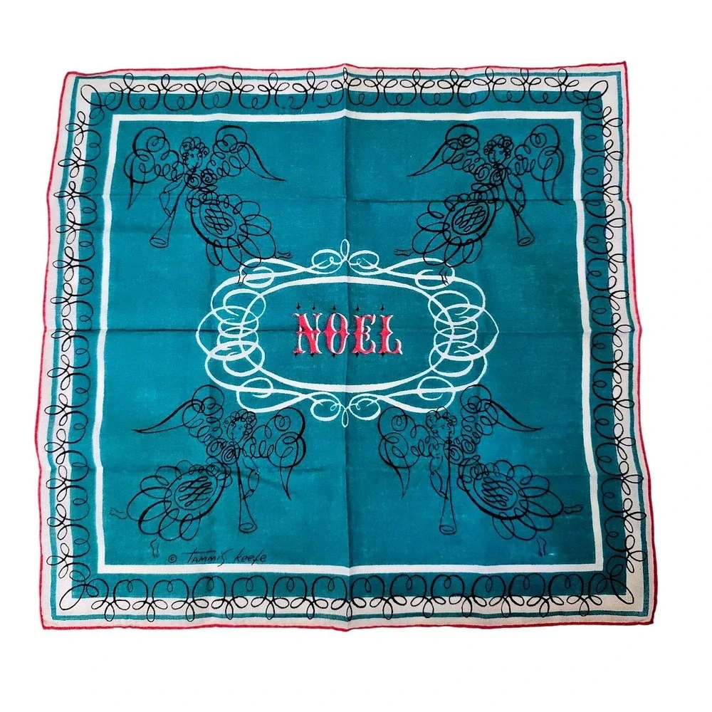 Vintage Tammis Keefe Noel‎ Angels Christmas Silk Scarf Teal Red Handkerchief